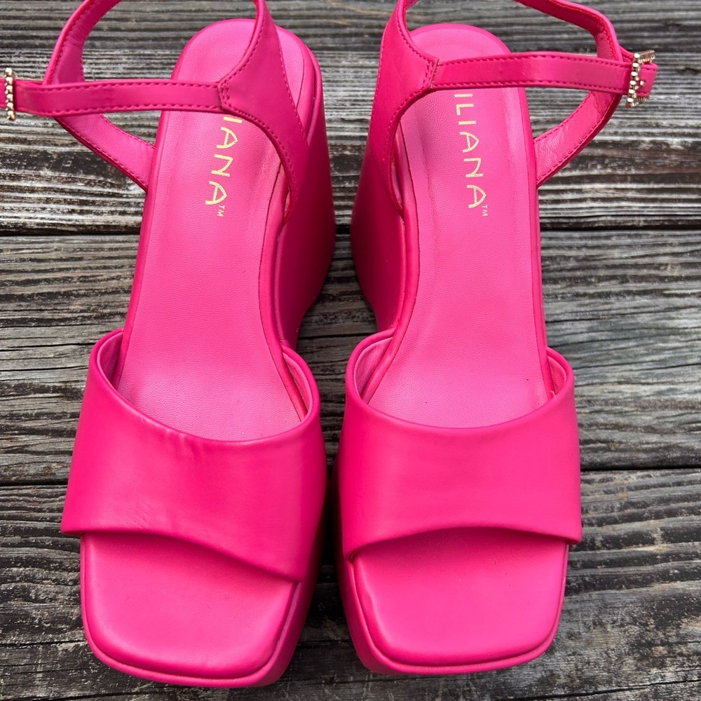 LILIANA Hot Pink Platform Wedge Sandals Square Toe Ankle Strap Women 7.5 - Picture 2 of 7
